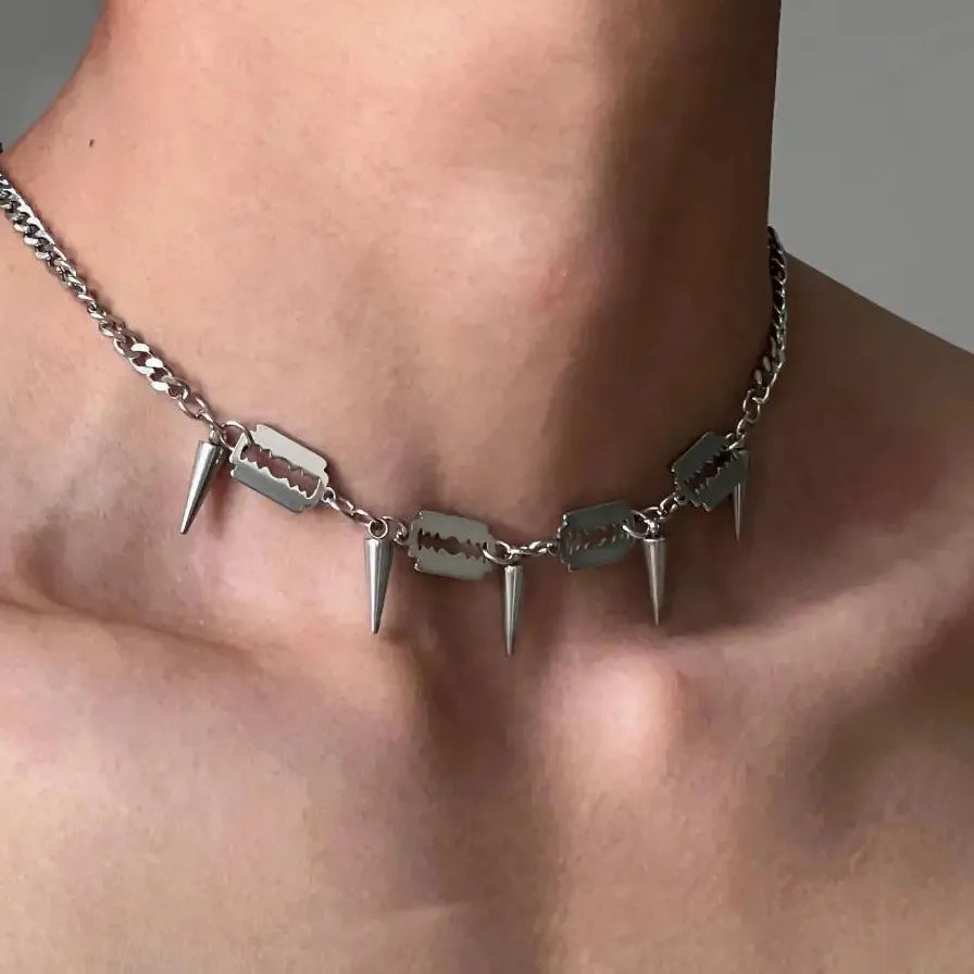 Hiphop Punk Razor Blade Rivet Tassel Geometric Metal Chain Necklace Unisex Stainless Steel Gift