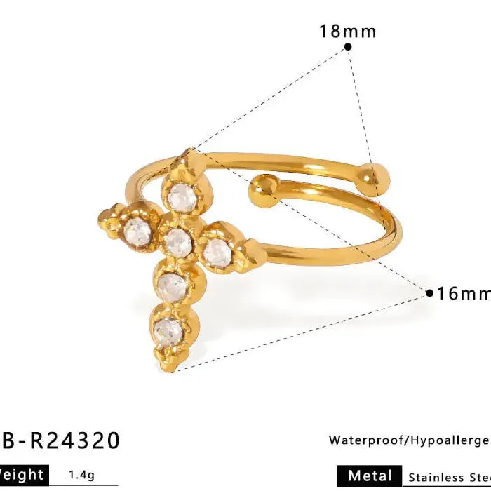 Adjustable Stainless Steel Cross Ring Featuring Rhinestone for Men Women Jewelry