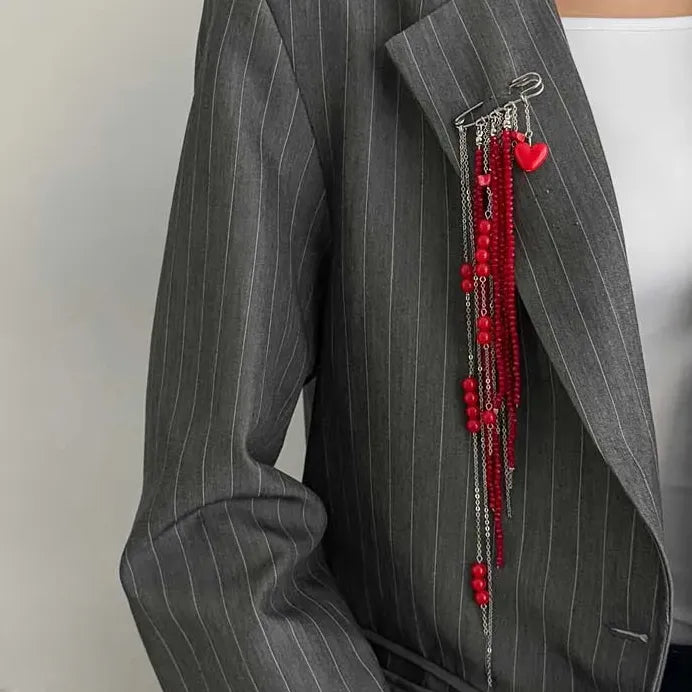 Red Crystal Heart Brooch with Tassel Chain Pendant Jewelry for Women Men