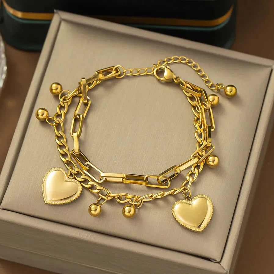 Stainless Steel Heart Charm Beaded Bracelet for Women Romantic Jewelry Gift