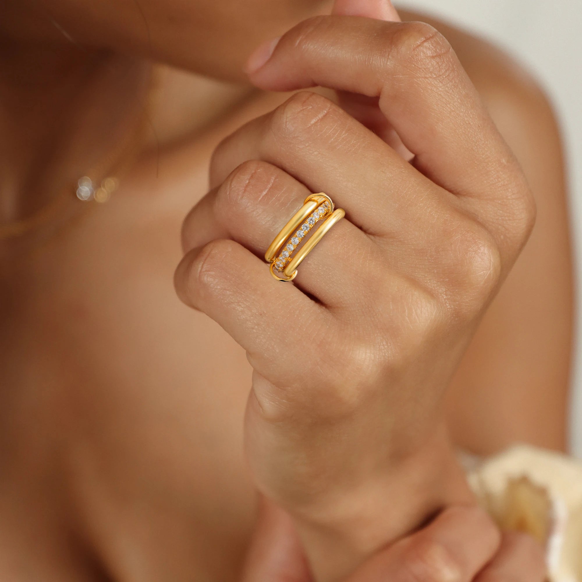 Multi Connected Triple Layer Gold CZ Zircon Punk Stacking Ring for Women