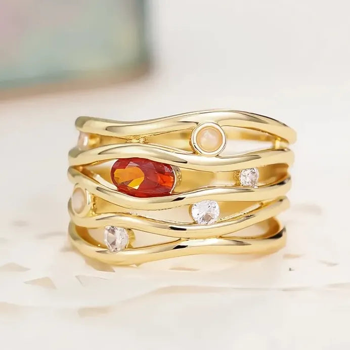 Women’s Gold Geometric Cocktail Ring with Red CZ & Opal for Weddings