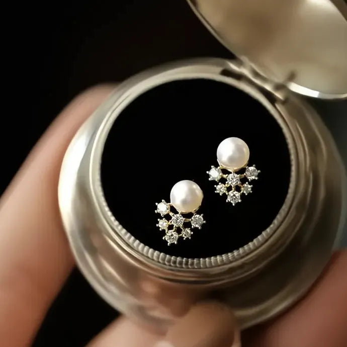 Geometric Pearl Stud Earrings with Shiny Star CZ Copper Alloy Jewelry for Women