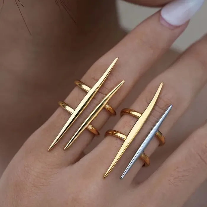 Vintage Gold Stainless Steel Double Line Geometric Open Ring for Women Jewelry