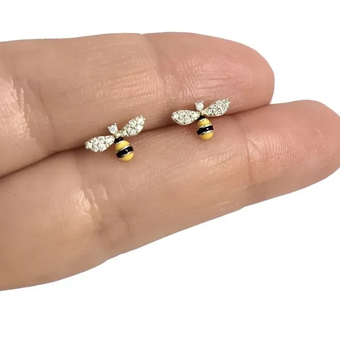Dainty Geometric Bee Stud Earrings for Women Copper Alloy Cubic Zirconia Silver Gold