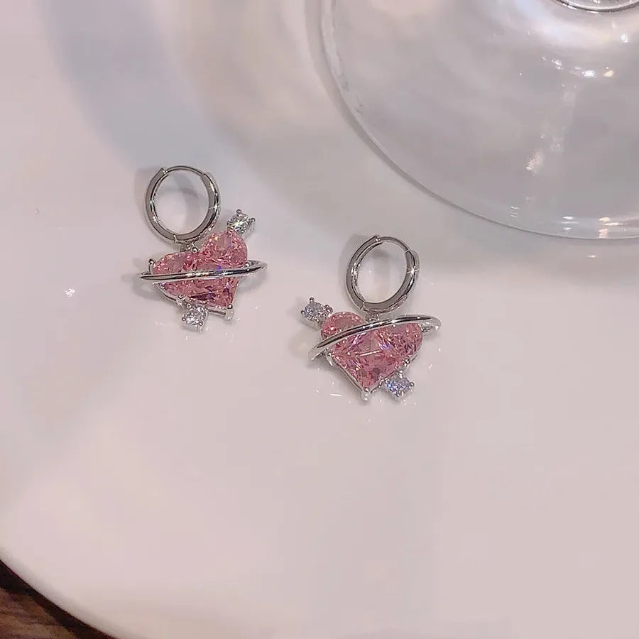 Pink Zircon Y2K Love Heart Planet Hoop Earrings for Women 90s Egirl Jewelry