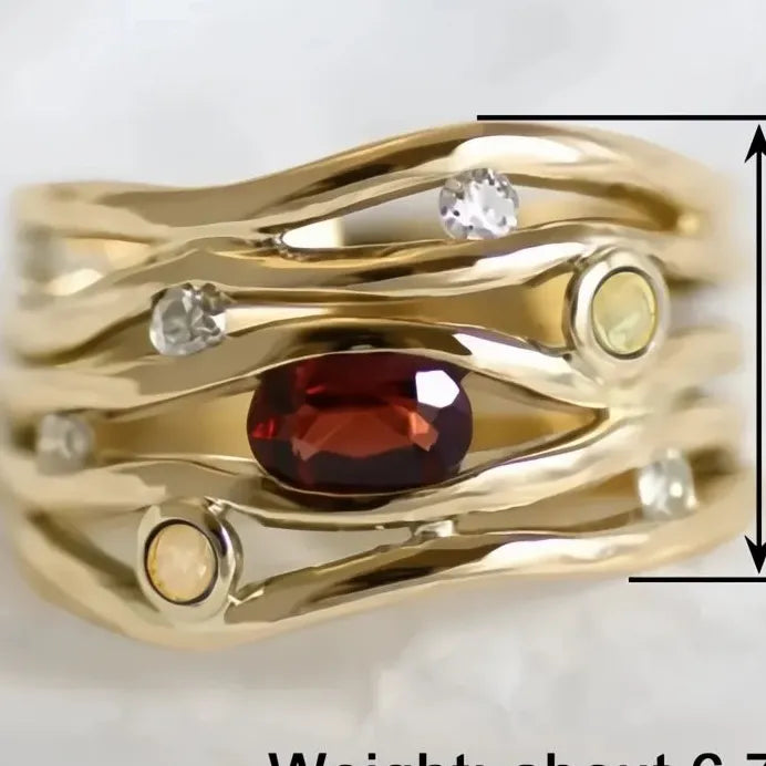 Women’s Gold Geometric Cocktail Ring with Red CZ & Opal for Weddings