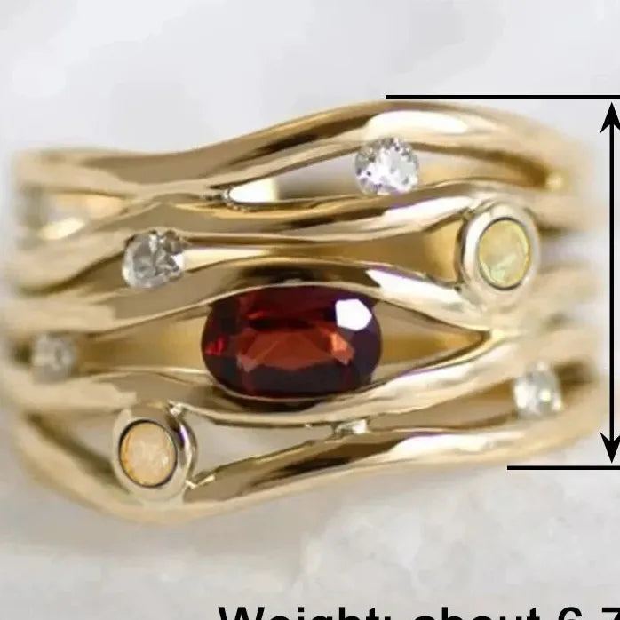 Vintage Women’s Brass Geometric Statement Ring with Imitation Opal