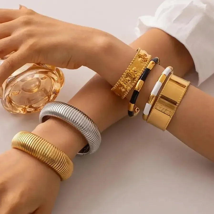 18K Gold Plated Stainless Steel Geometric Punk Snake Chain Cuff Bracelet
