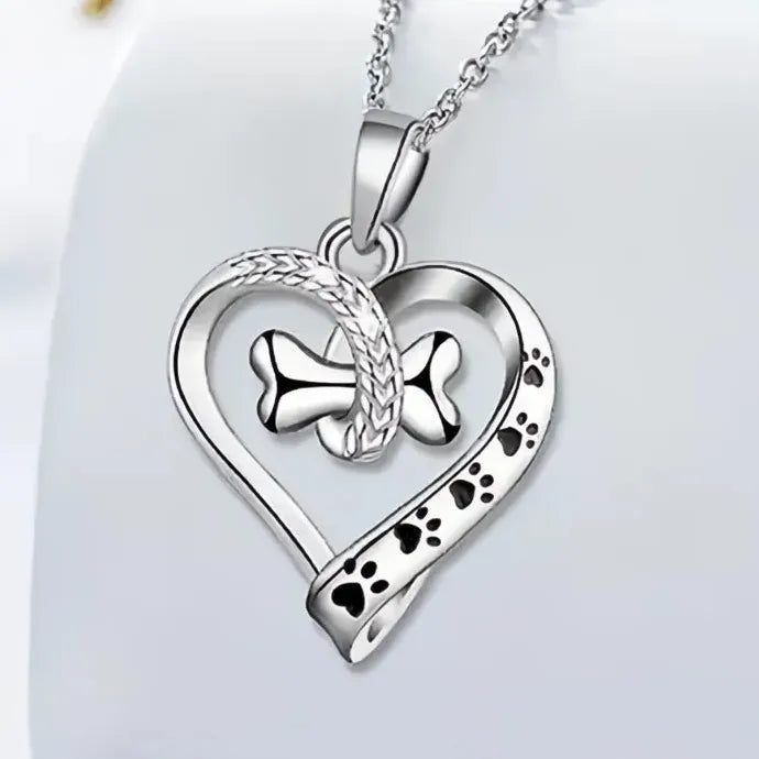 Heart Shaped Pendant Necklace with Dog Bone Footprints Brass Epoxy Gift