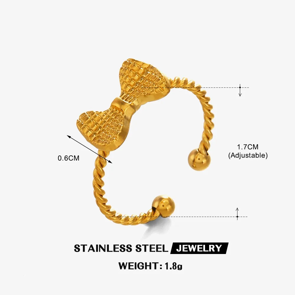 Gold Plated Adjustable Stainless Steel Mini Bowknot Ring Ribbed Twist Circle Jewelry