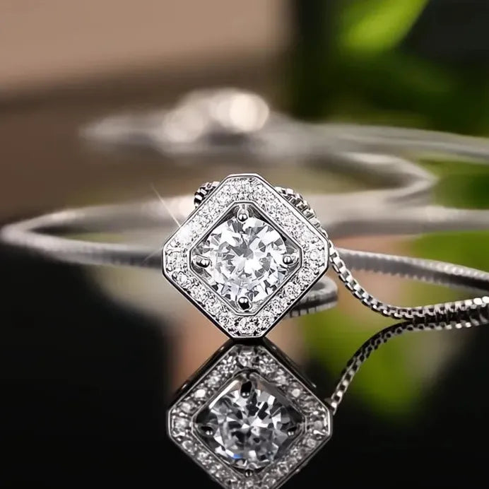 Square Cubic Zirconia Pendant Necklace for Women Wedding Anniversary Party