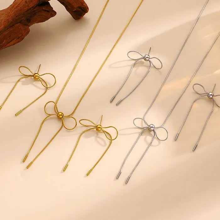 Vintage Stainless Steel Bow Earrings & Pendant Necklace Set for Women