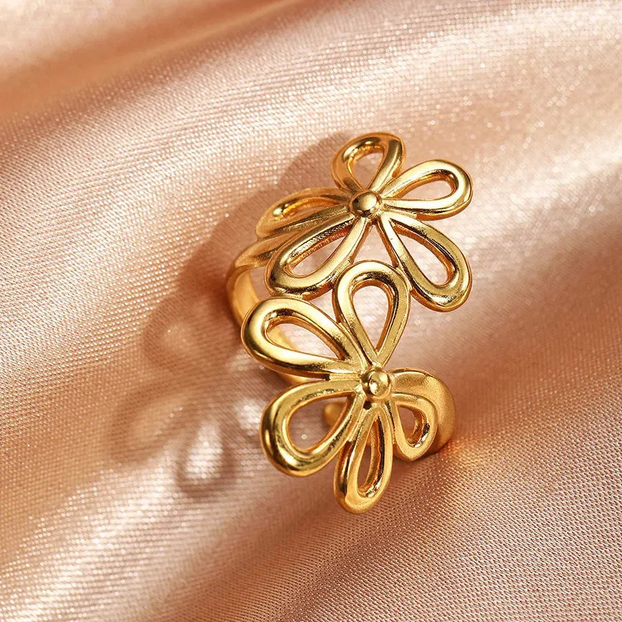 Vintage Stainless Steel Daisy Flower Ring Women Open Band Jewelry Gift