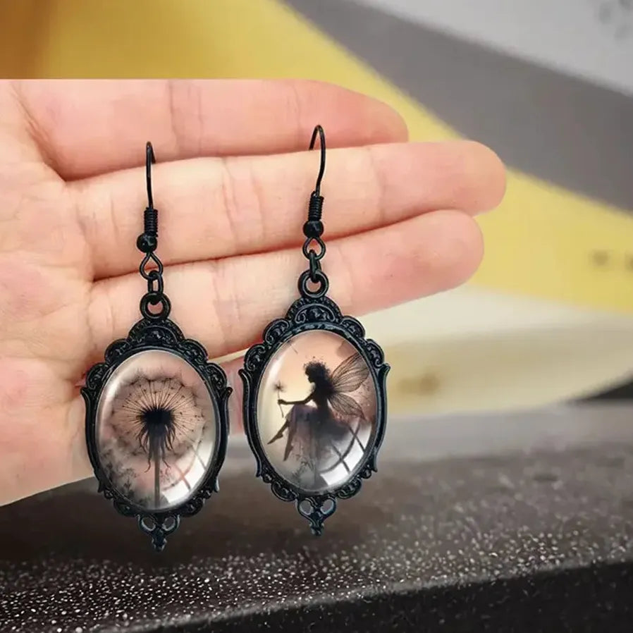 Asymmetric Black Dandelion Elf Fairy Gothic Oval Glass Zinc Alloy Earrings