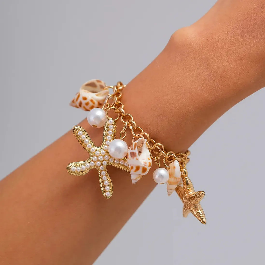 Handmade 18k Gold Plated Starfish Shell Pearl Bracelet Boho Beach Jewelry Charm