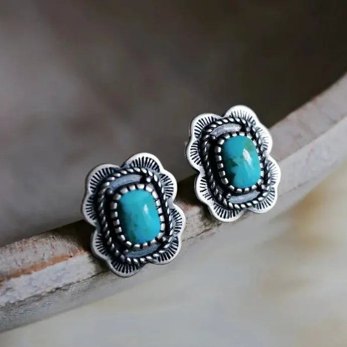 Retro Geometric Flower Imitation Turquoise Earrings for Women Wedding Jewelry Gift