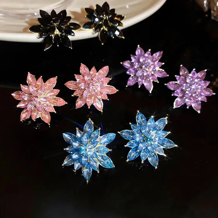 Luxury Crystal Flower Neo-Gothic Stud Earrings Stainless Steel Women Jewelry Gift
