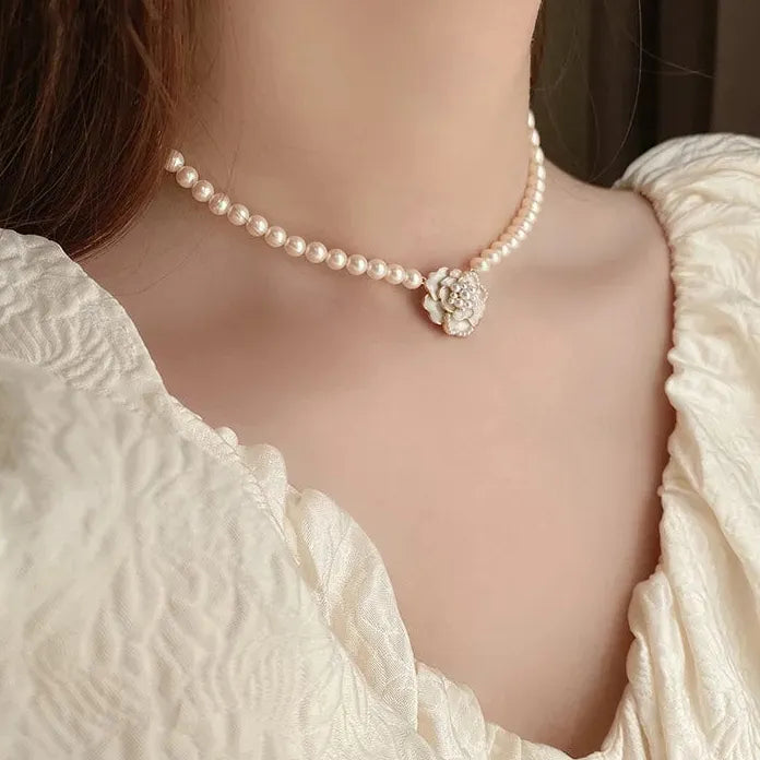 Vintage Camellia Pearl Pendant Necklace for Women Wedding Jewelry Gift