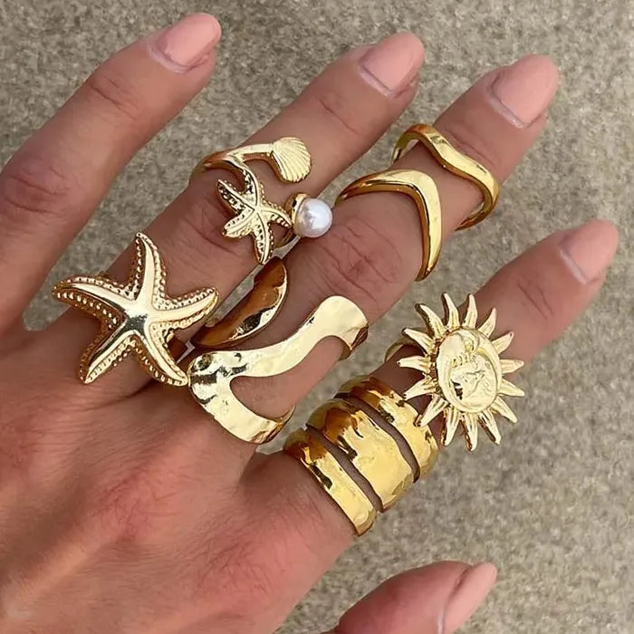 6Pcs Vintage Gold Starfish Sun Open Ring Set Punk Beach Jewelry