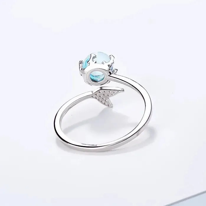Adjustable Silver Plated Blue Mermaid Fish Tail Bubble Ring for Women Girls