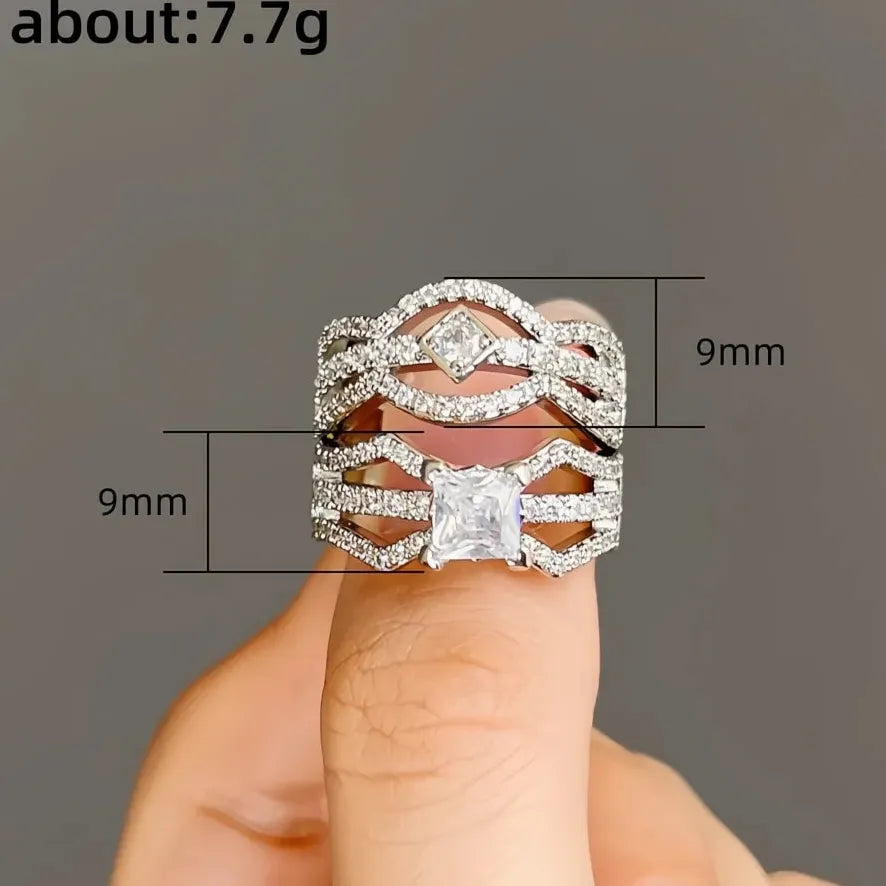 Luxury Bridal 2-Piece Cubic Zirconia Brass Wedding Engagement Ring Set Women