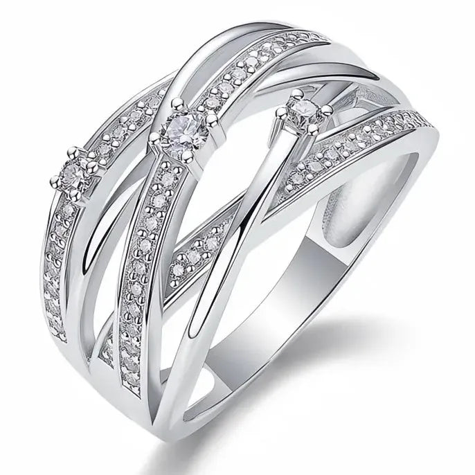 Geometric Multi-layer Brass Ring with Bright CZ for Women Wedding Party