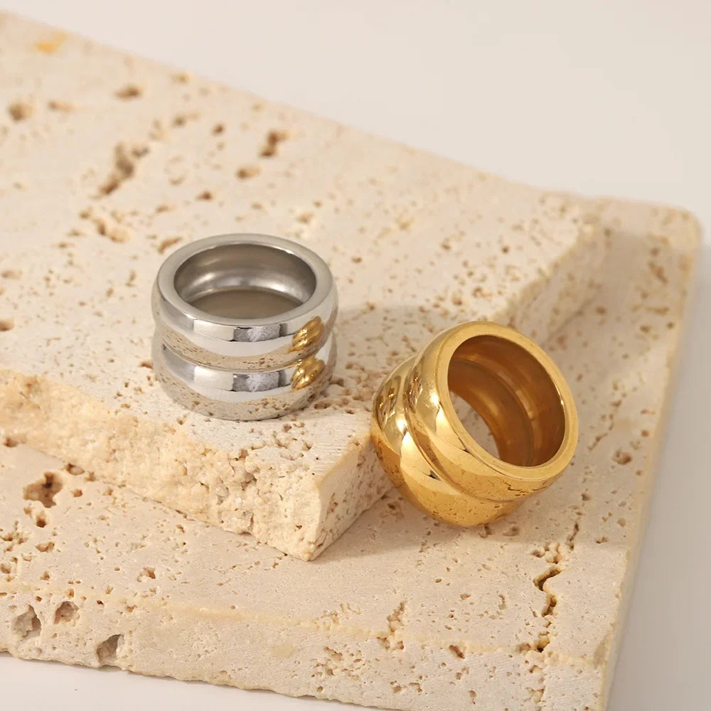 Punk Polished Bilayer Stainless Steel Chunky Rings for Women Gold Plated 2025