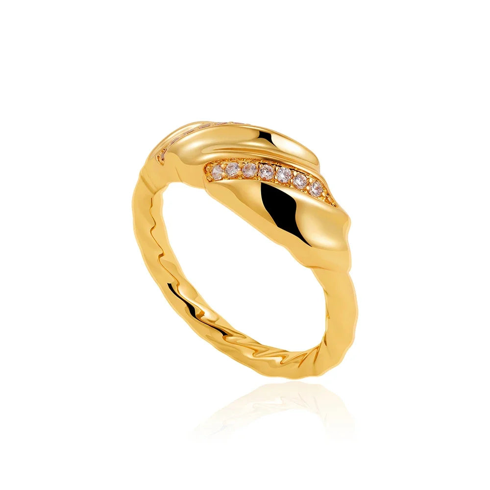 Chunky Croissant Rings Gold Plated Wide Dome Wedding Band with Mini Zirconia Vintage Jewelry