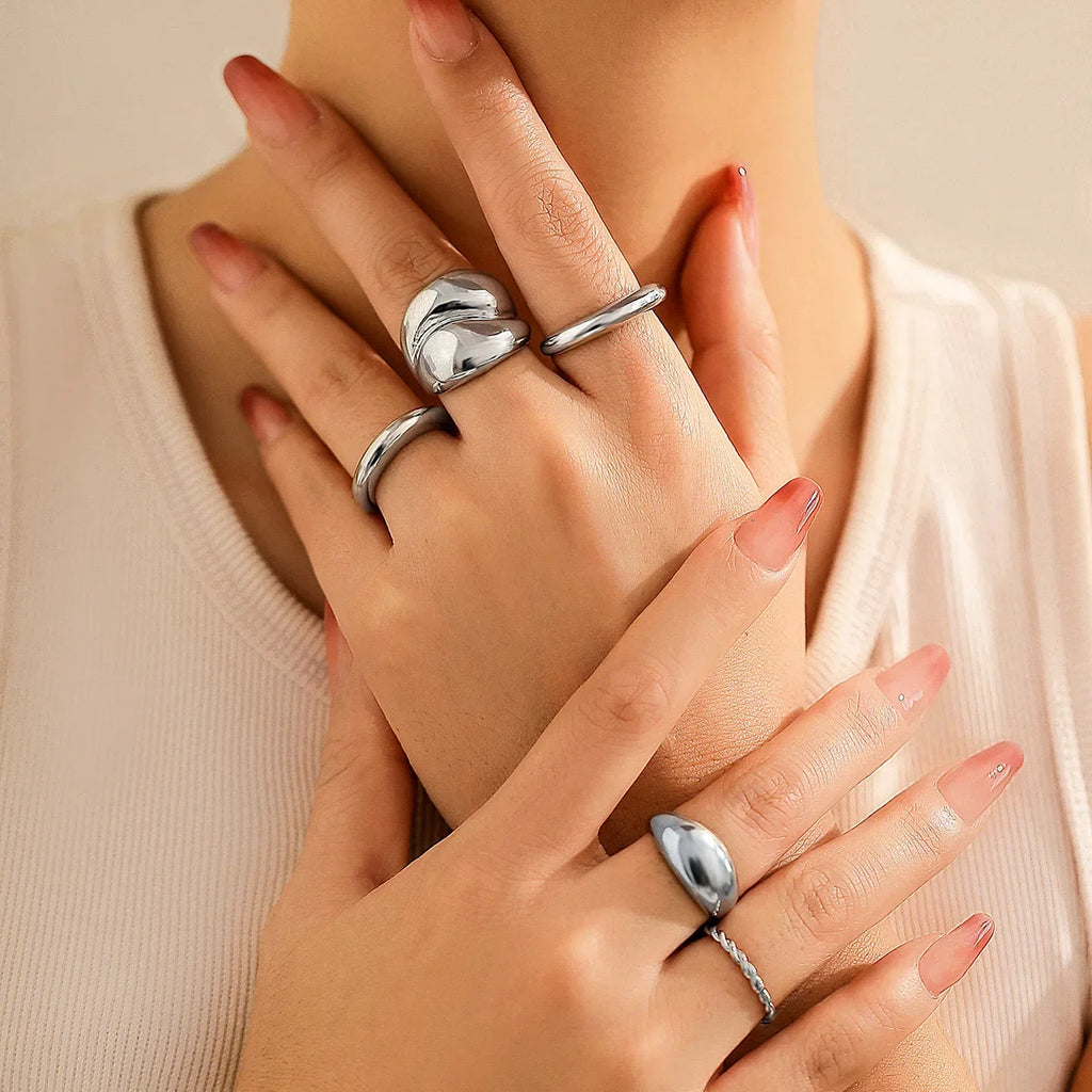 5Pcs Adjustable Zinc Alloy Punk Geometric Dome Finger Ring Set for Women
