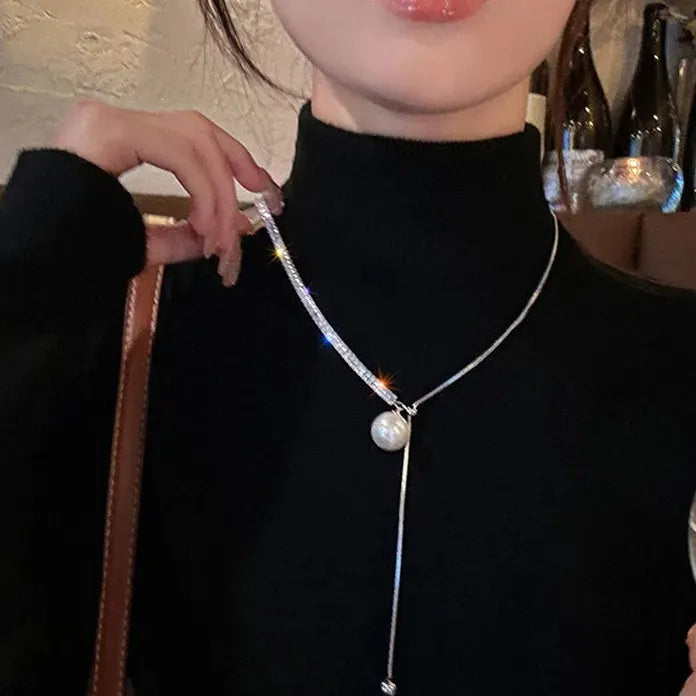 Adjustable Y2K Copper Chain Necklace with Snake Bone Tassel and Pearls