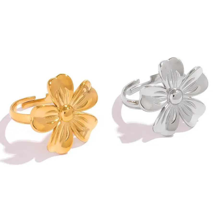 Vintage Stainless Steel Flower Opening Ring Heart Petal Jewelry for Women Men Gift