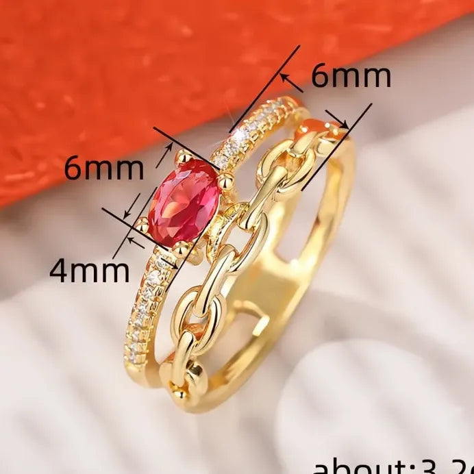 Gold Red Cubic Zirconia Women's Geometric Wedding Party Band Ring