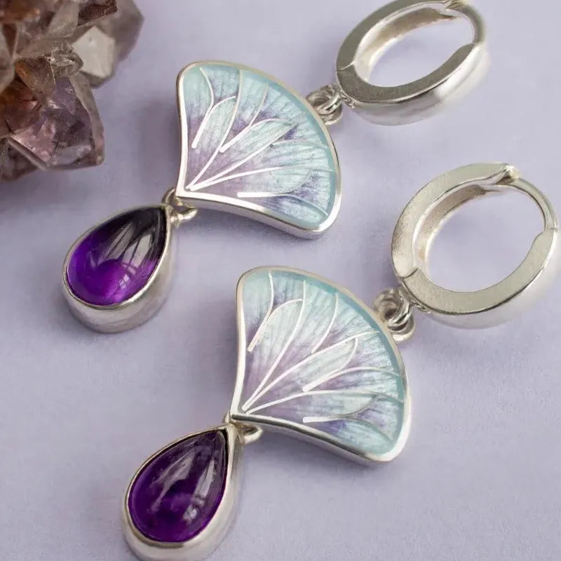Geometric Flower Pendant Drop Earrings for Women Retro Silver Copper Metal Purple Resin