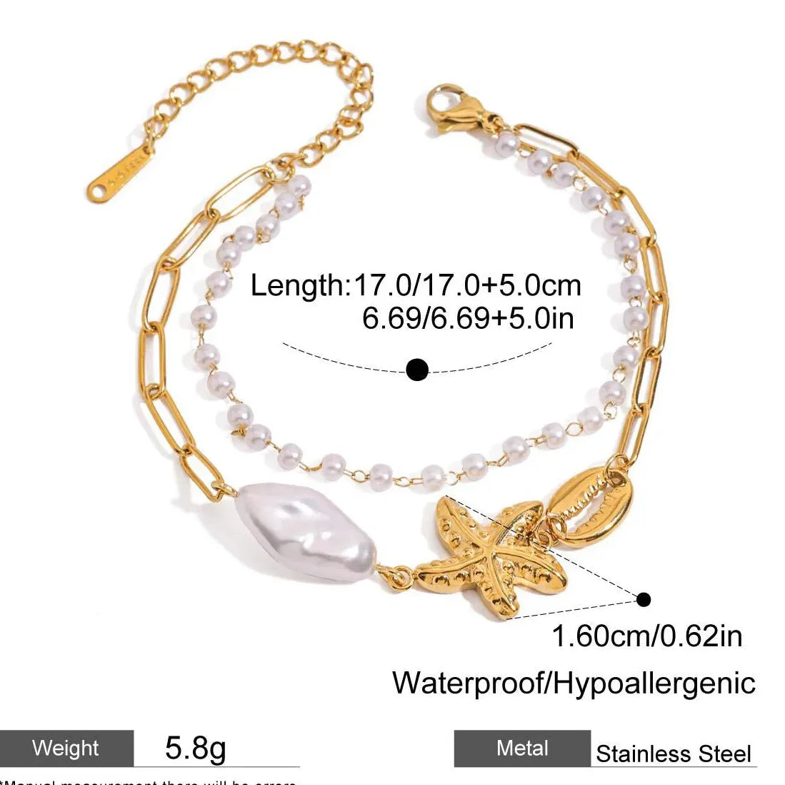 Stainless Steel Summer Beach Conch Shell Starfish Charm Bracelet Women