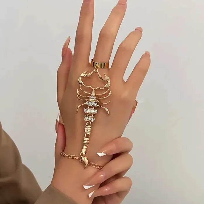 Vintage Punk Gothic Scorpion Chain Ring and Bracelet Set Jewelry for Women Men