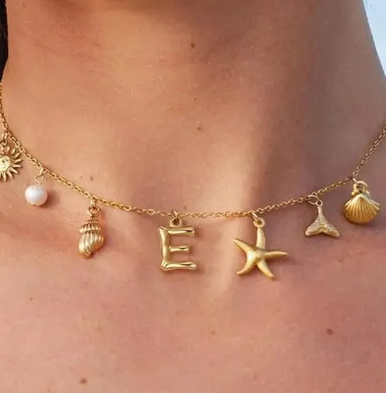 Copper Surfer Girl Seashell Initial Choker Necklace Beach Jewelry Gift
