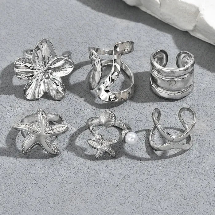 6Pcs Adjustable Vintage Pearl Flower Starfish Rings for Women Gift Set