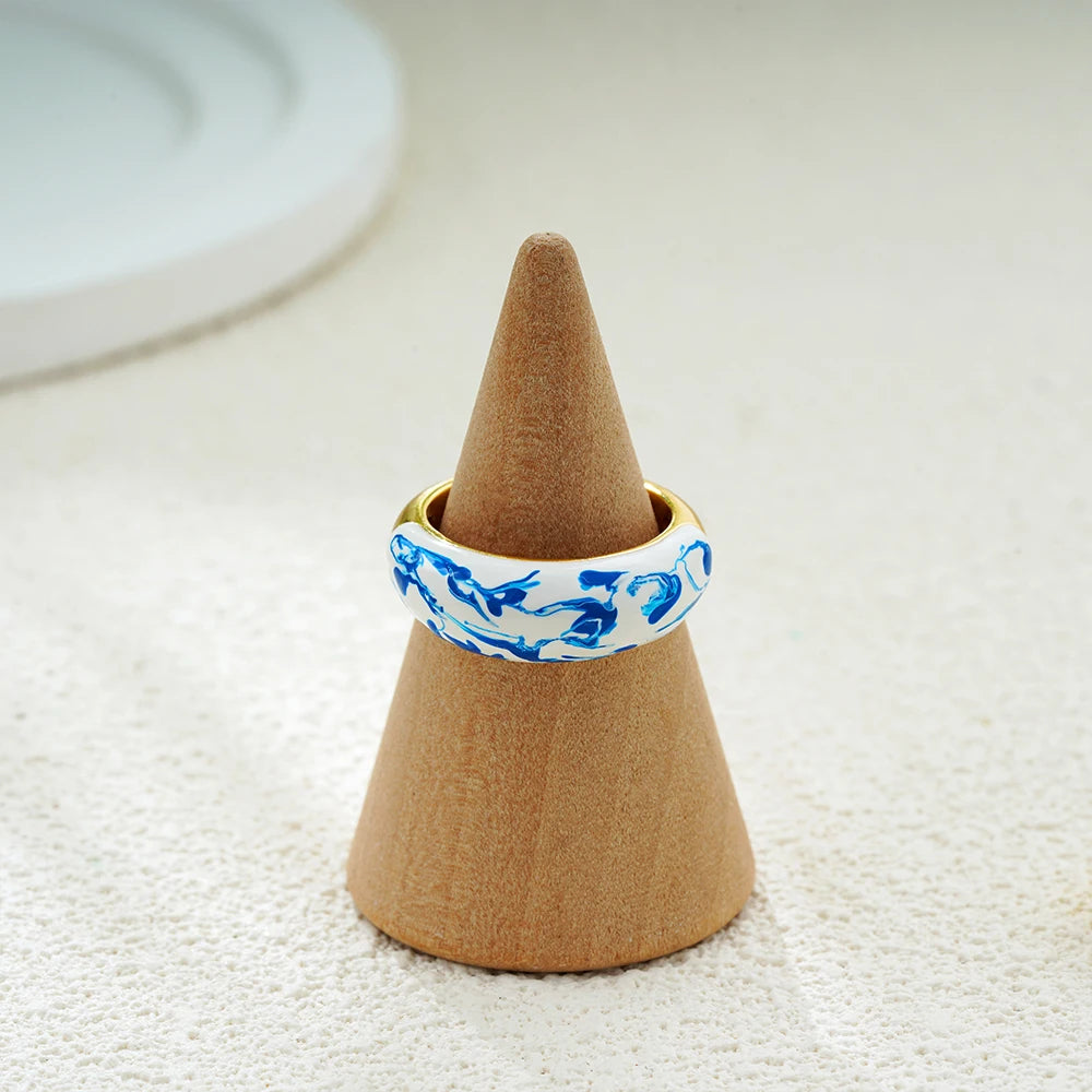 Minimalist White Blue Enamel Circular Knuckle Ring 18K Gold Plated Stainless Steel