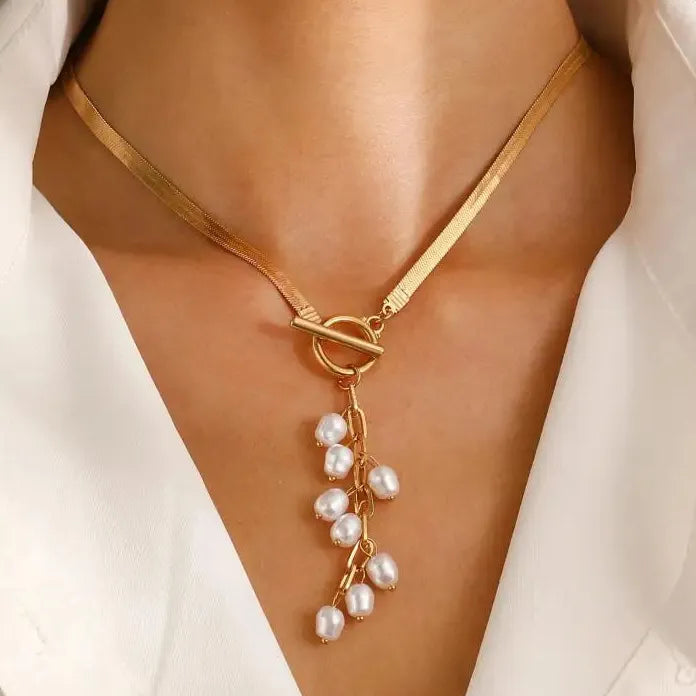 Stainless Steel Snake Bone Necklace Long Tassel Pearl Jewelry Gift