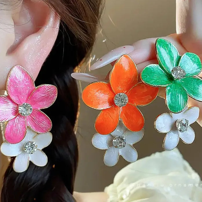Vintage Double Layer Dripping Oil Flower Drop Earrings for Women Girls Stylish