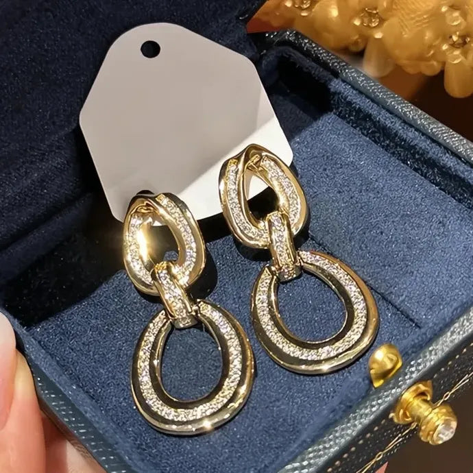 Gold Color CZ Circle Linked Geometric Drop Earrings for Women Wedding Party