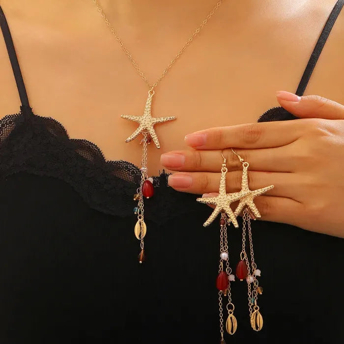 Boho Starfish Shell Jewelry Set Zinc Alloy Crystal Bead Necklace Earrings