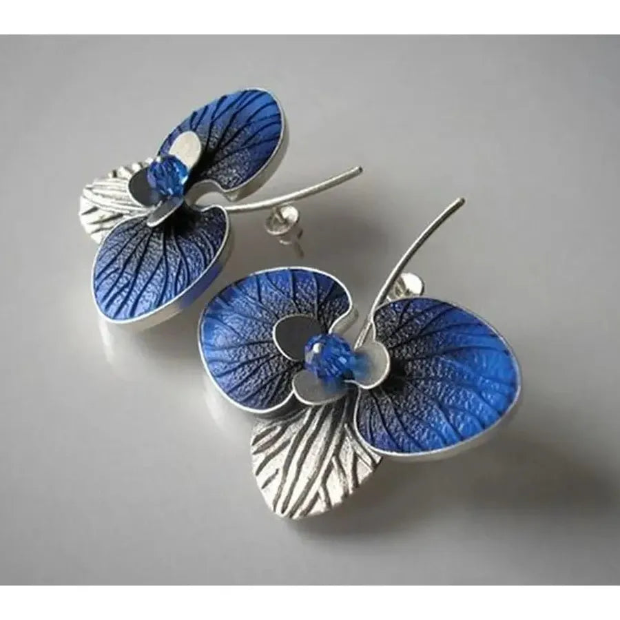 Blue Leaf Flower Stud Earrings for Women Zinc Alloy Blue Zircon Enamel Jewelry