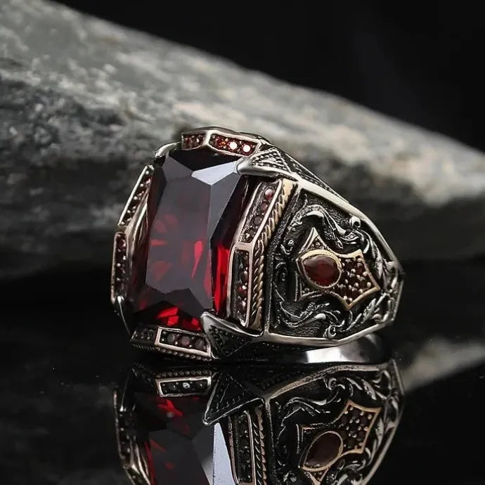 Retro Handmade Turkish Silver Signet Ring Men Green Zircon Carving Pattern