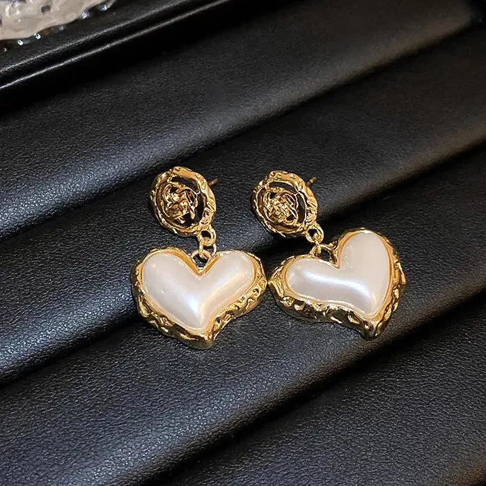 Geometric Heart Shaped Imitation Pearl Drop Earrings Vintage Boho Jewelry