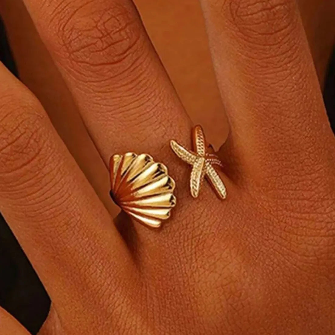 Vintage Stainless Steel Ocean Starfish Scallop Open Ring for Women Men Jewelry