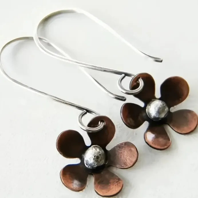 Vintage Two Tone Geometric Flower Drop Earrings Metal Jewelry for Women