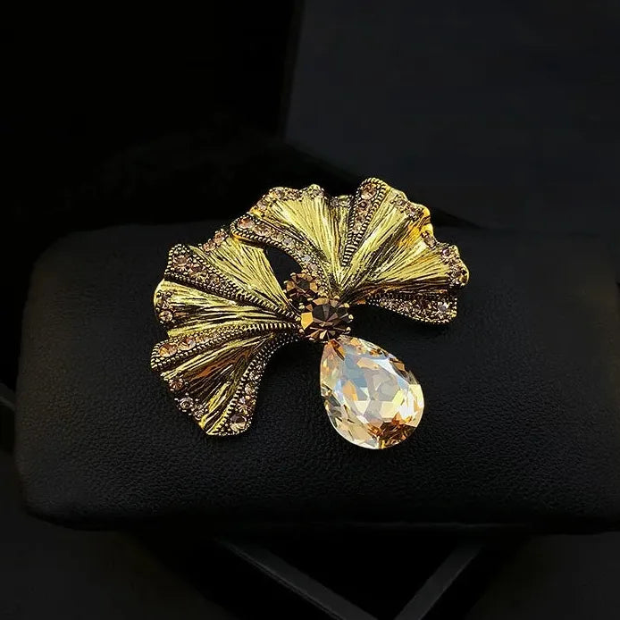 Vintage Floral Ginkgo Biloba Rhinestone Brooch Pin for Women Elegant Style