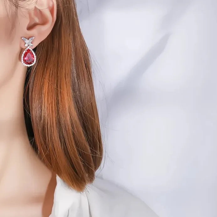 Pear Shaped Red Cubic Zirconia Geometric Butterfly Drop Earrings Women